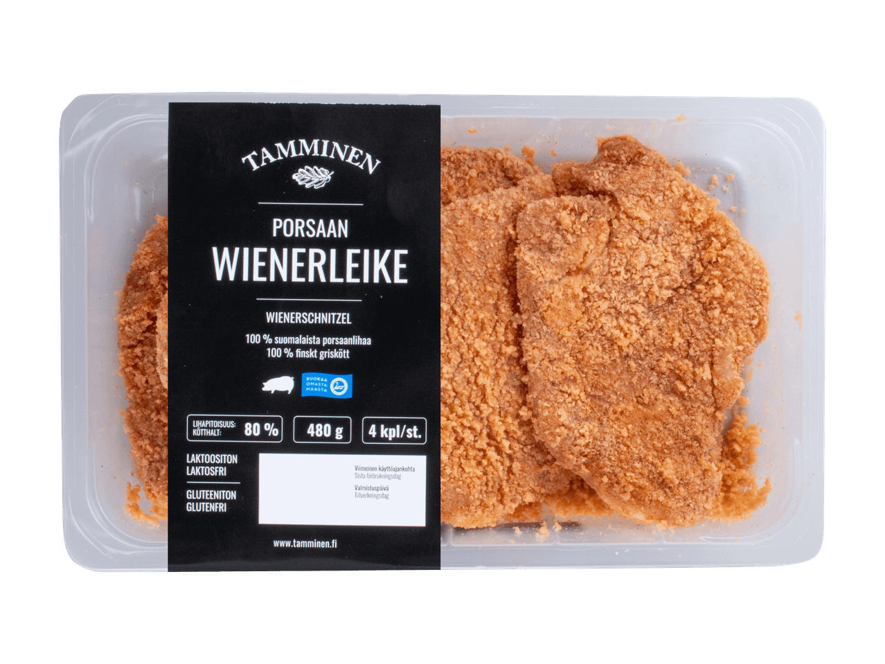 Pakkaus paneroituja porsaanleikkeitä, 4 kappaletta, 480 g.