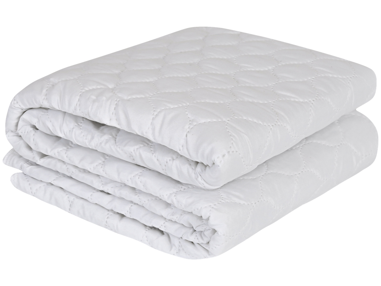 A neatly folded white quilted mattress pad.
