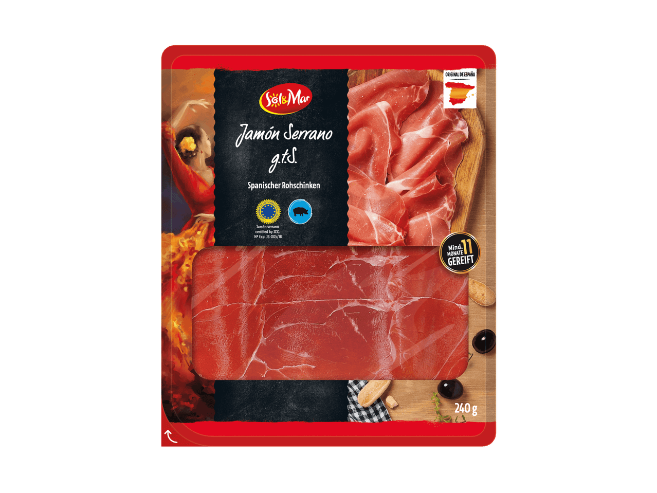 Spanischer Serrano-Schinken, mindestens 11 Monate gereift, 240 g.