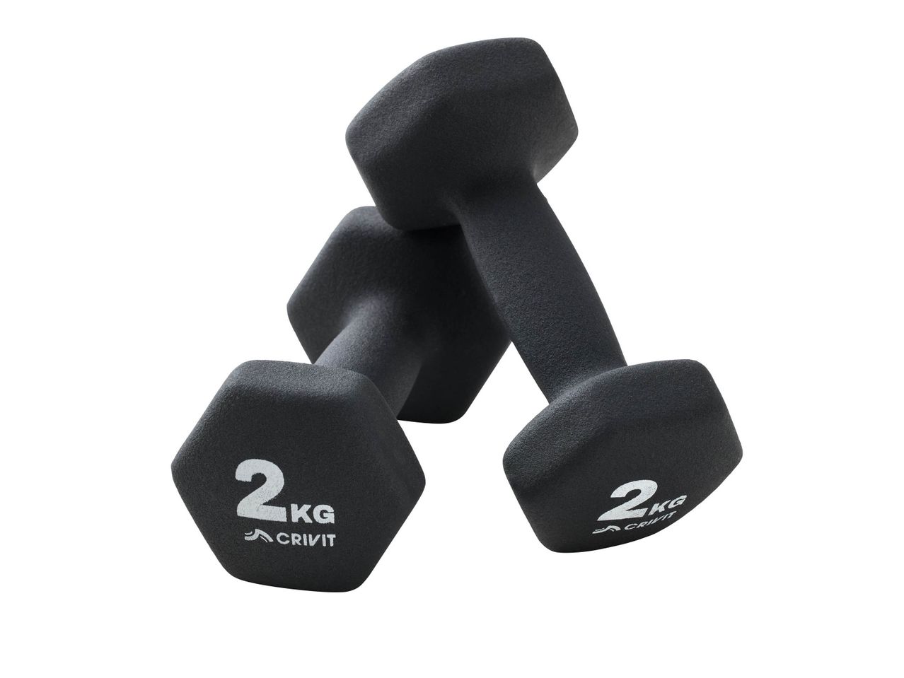Two black 2kg Crivit dumbbells with white lettering.
