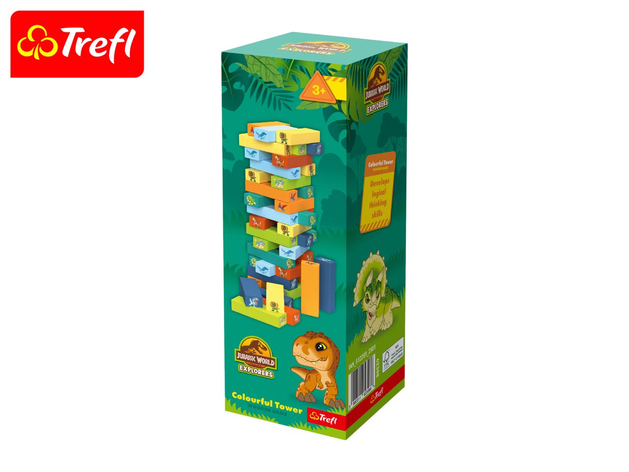 A colourful wooden block tower game featuring Jurassic World Explorers dinosaurs, promoting logical thinking.