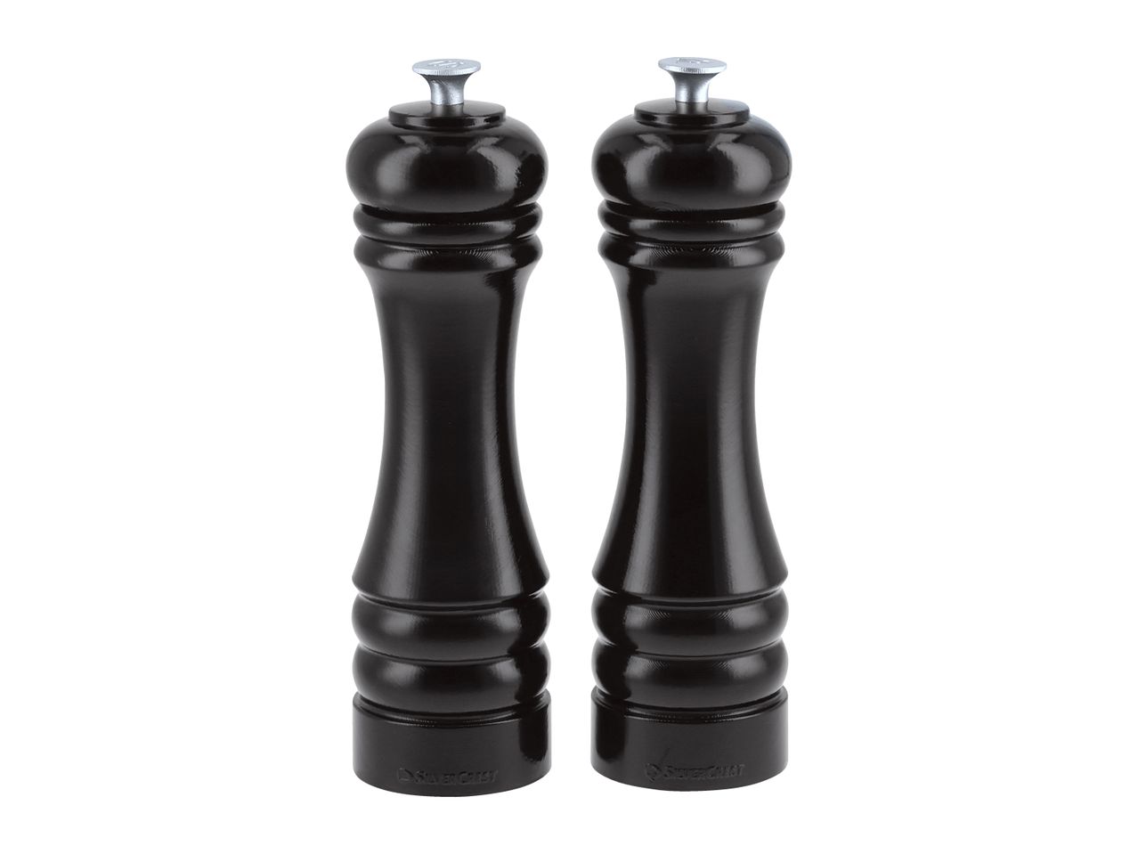 Two black pepper mills with silver tops on a white background.