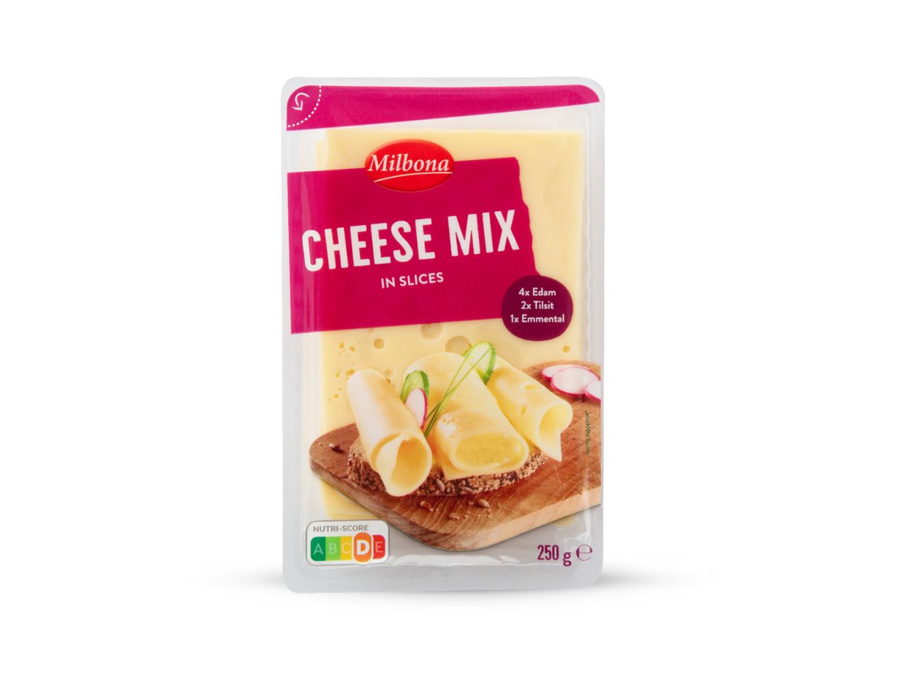 Pakiranje Milbona mješavine sira u listićima (Edam, Tilsit, Emmental) s Nutri-Score ocjenom D i težinom od 250 g.