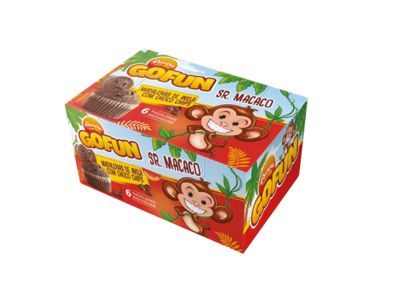 Caixa de muffins de avelã com pepitas de chocolate, com um macaco sorridente e folhagem.