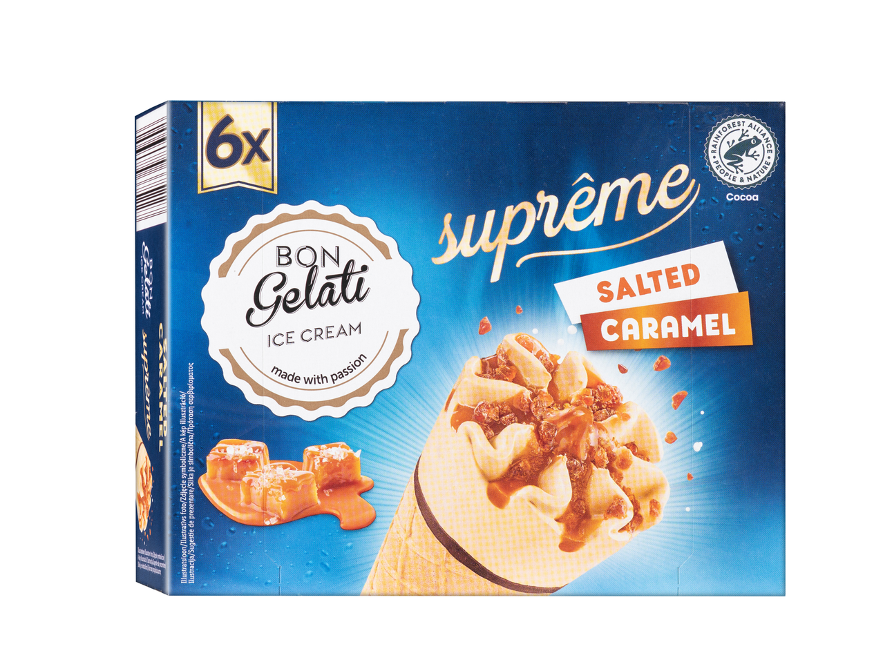 6 κορνετάκια παγωτού Bon Gelati Supreme με αλμυρή καραμέλα.