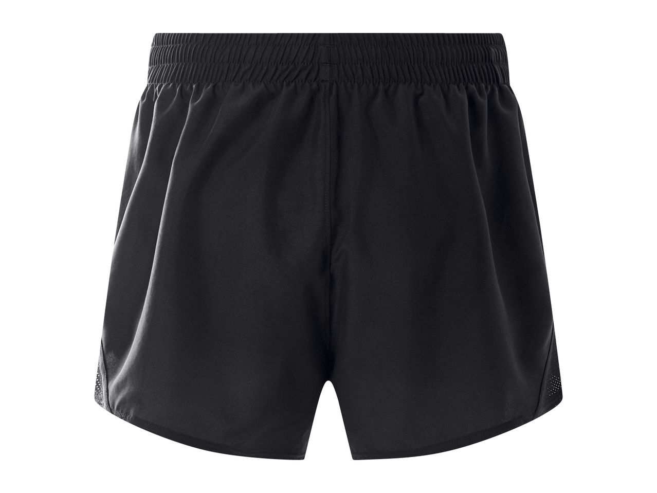 Black athletic shorts with an elastic waistband and mesh inserts on the sides.