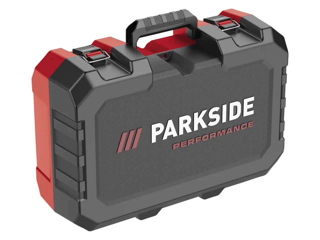 Parkside Performance® smūginio suktuvo įrankių dėžė, juoda ir raudona.