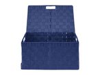 A navy blue collapsible storage bin with a hinged lid.
