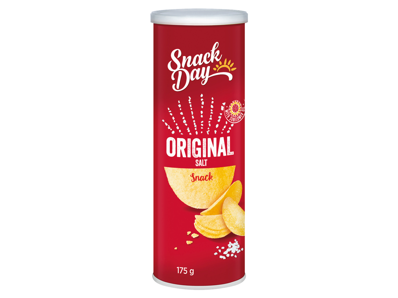 SNACK DAY Original sós chips, piros henger chips-szel és sóval.