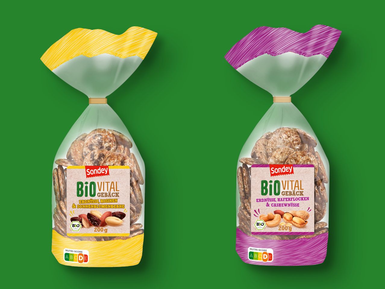 Sondey BioVital Müsliriegel mit Erdnüssen, Rosinen und Sonnenblumenkernen.