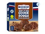 Ready-to-bake double chocolate cookie dough box with four baked cookies and a chilled icon.