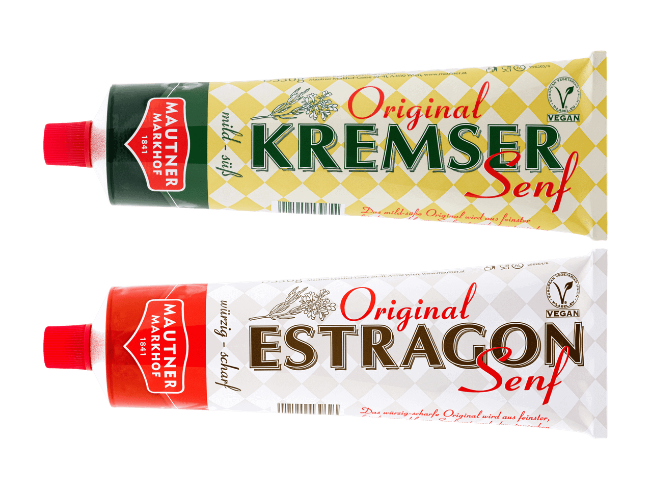 Zwei Tuben Mautner Markhof Senf: Original Kremser Senf (mild-süß) und Original Estragon Senf (würzig-scharf).