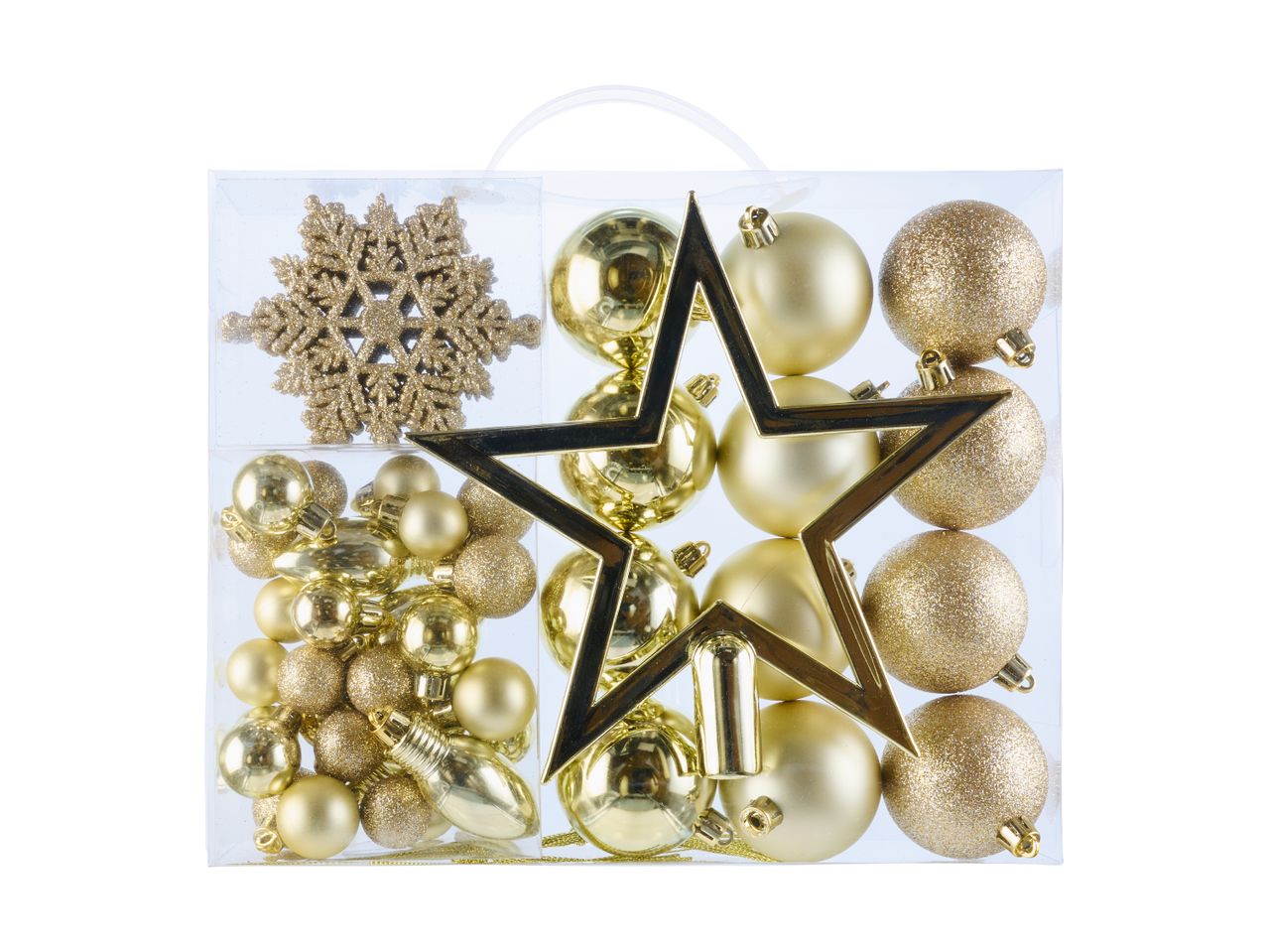 Gold Christmas ornaments set with glitter snowflake and star