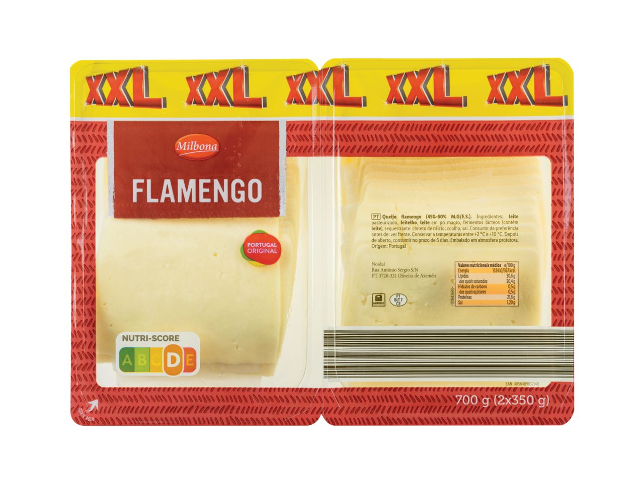 Queijo flamengo Milbona XXL com Nutri-Score D e informações nutricionais.