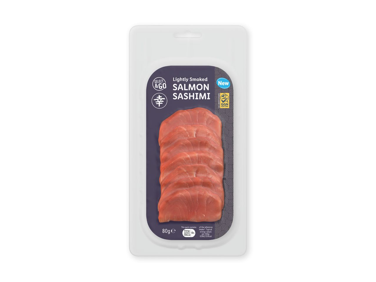 Pakke med let røget laksesashimi, 80g, med ernæringsoplysninger og GGN-certificering.