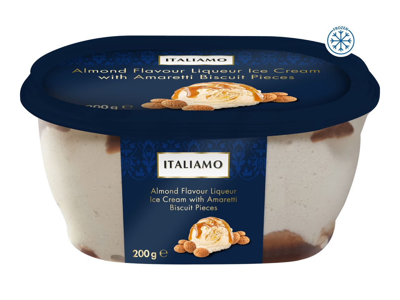 Almond liqueur ice cream with amaretti biscuit pieces in a tub, 200g.
