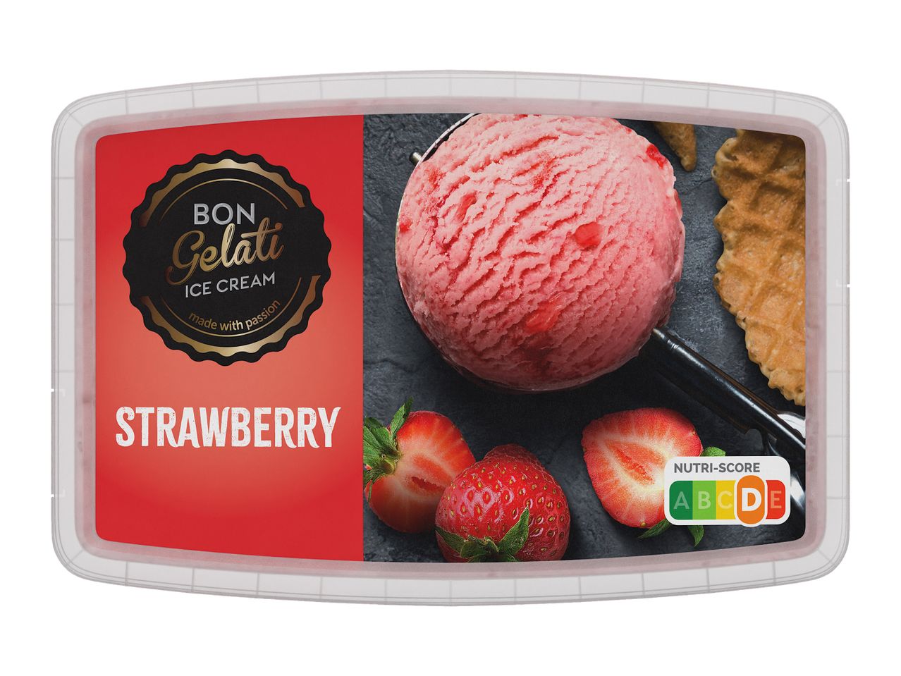 Jagodni sladoled Bon Gelati v plastični posodi.