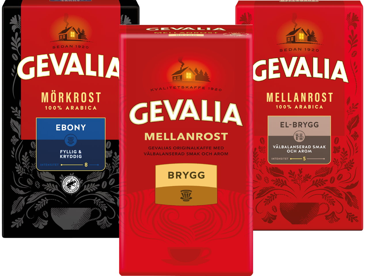 Tre olika Gevalia-kaffesorter: Mörkroast, Mellanroast och Mellanroast El-Brygg.