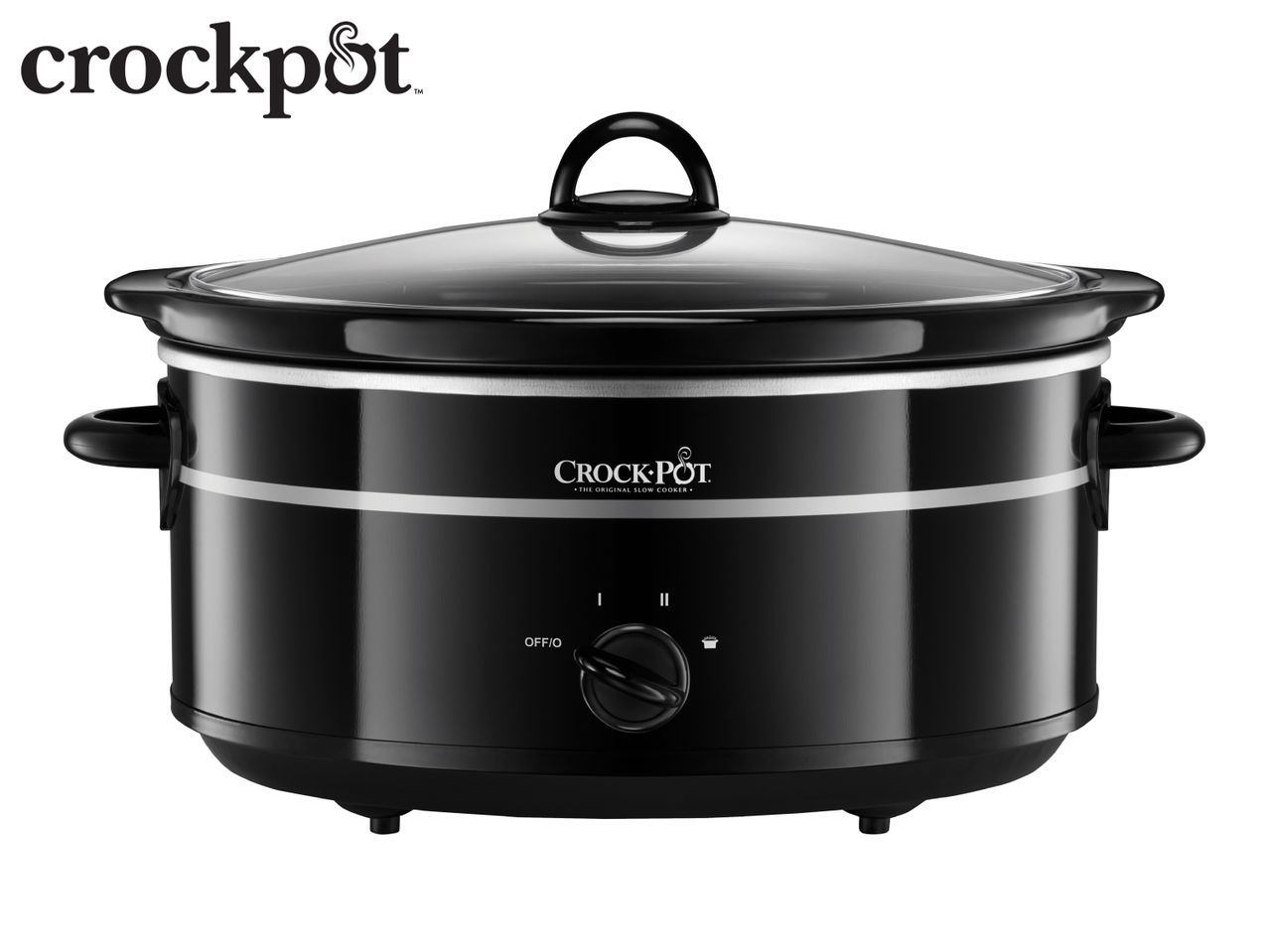 Crock-Pot slow cooker with a glass lid and a black finish.