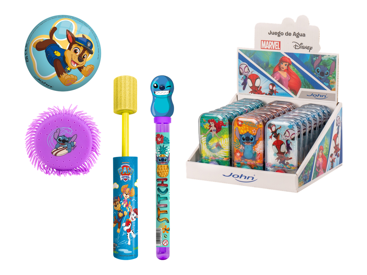 Vesileluja, mukaan lukien Paw Patrol -pallo, Stitch-frisbee ja Marvel/Disney-vesipelit.