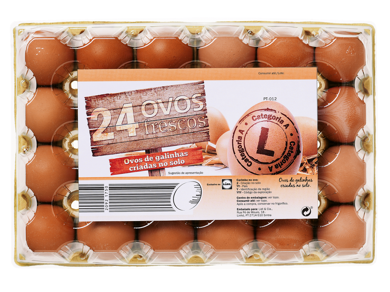 24 ovos frescos de galinhas criadas no solo, em embalagem Lidl.