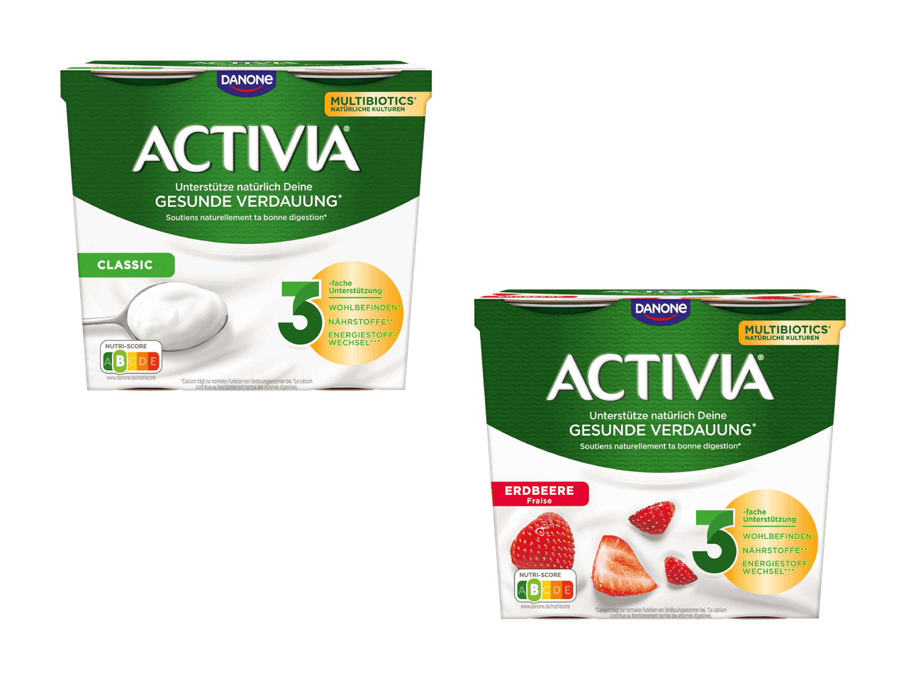 Zwei Joghurtpackungen, eine klassische und eine Erdbeer-Variante, mit Hinweisen zur Verdauungsförderung.