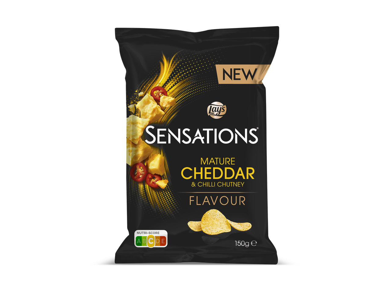 Zak chips met de smaak van gerijpte cheddar en chilichutney, met Nutri-Score C.