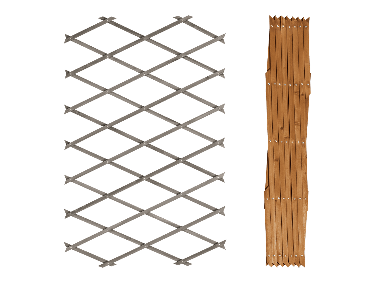 Kaksi puista ristikkoaitaa, toinen avattuna ja toinen taitettuna.