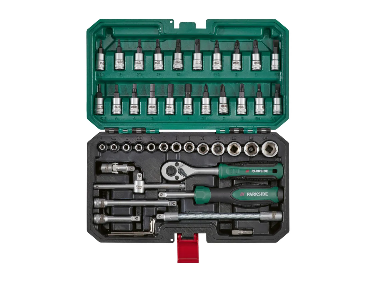 A green plastic toolbox containing a socket wrench set.