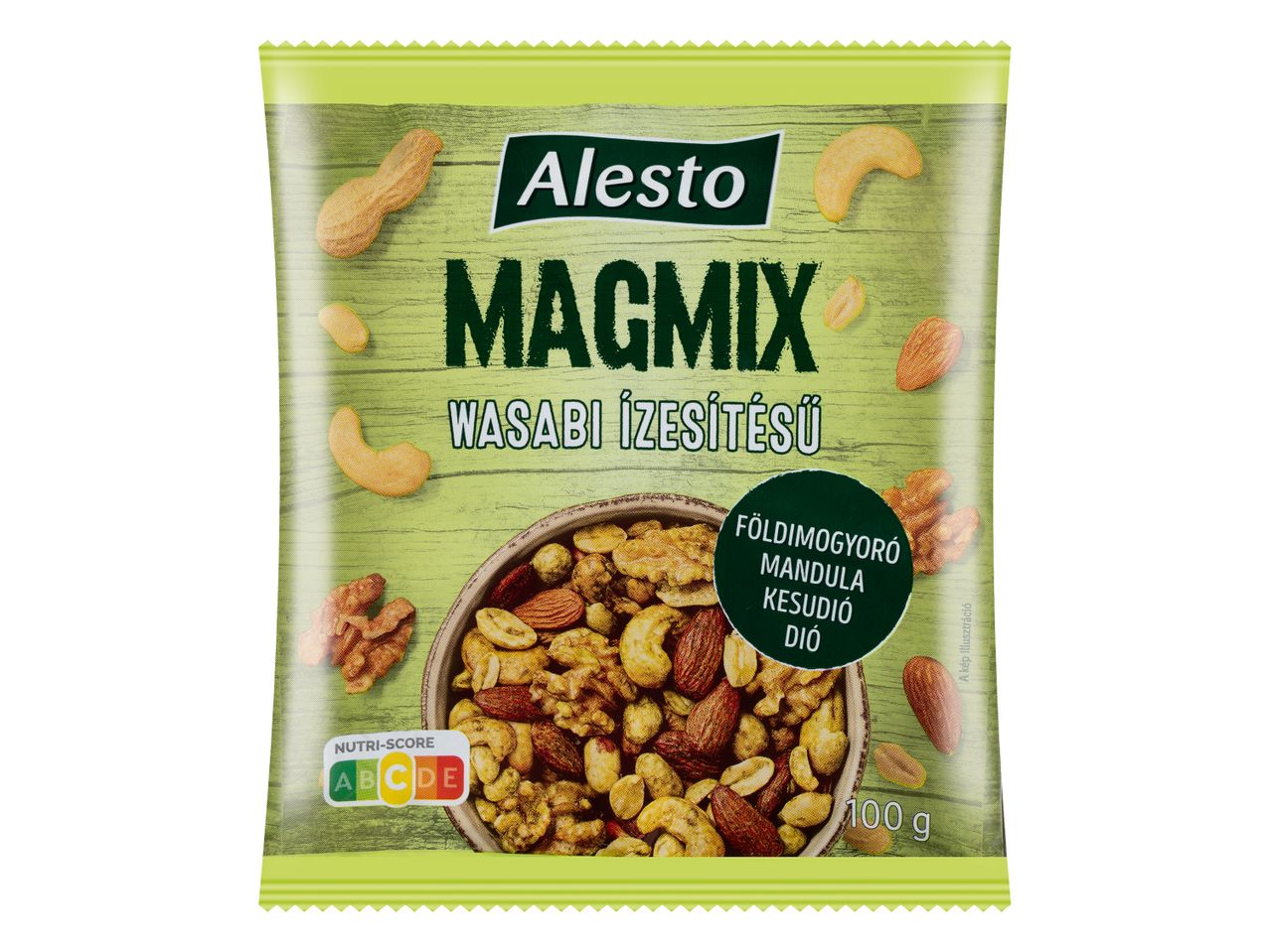 Alesto Magmix wasabi ízesítésű diókeverék: földimogyoró, mandula, dió és kesudió.
