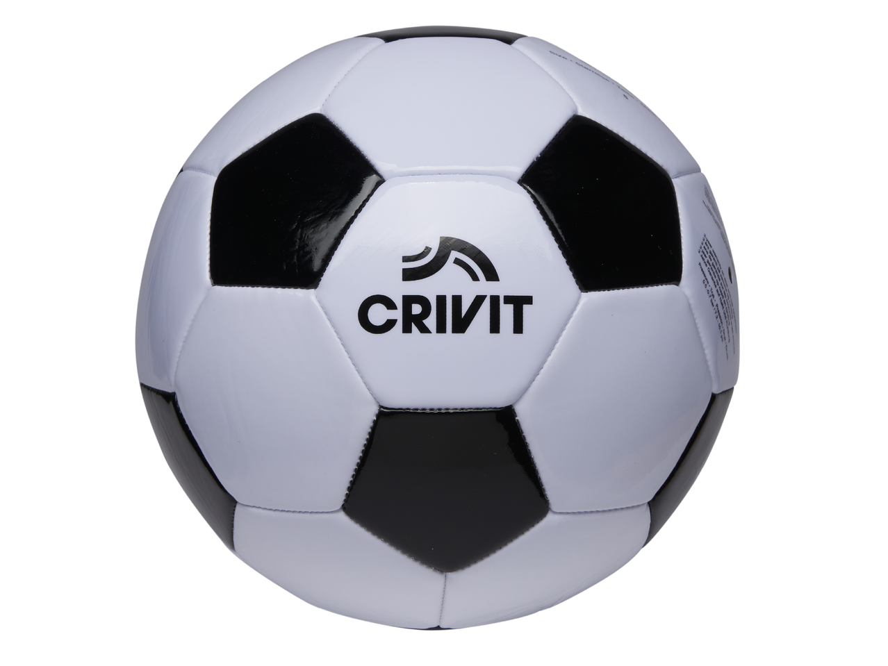 Черно-бяла футболна топка с надпис „CRIVIT“ и информация за налягане.