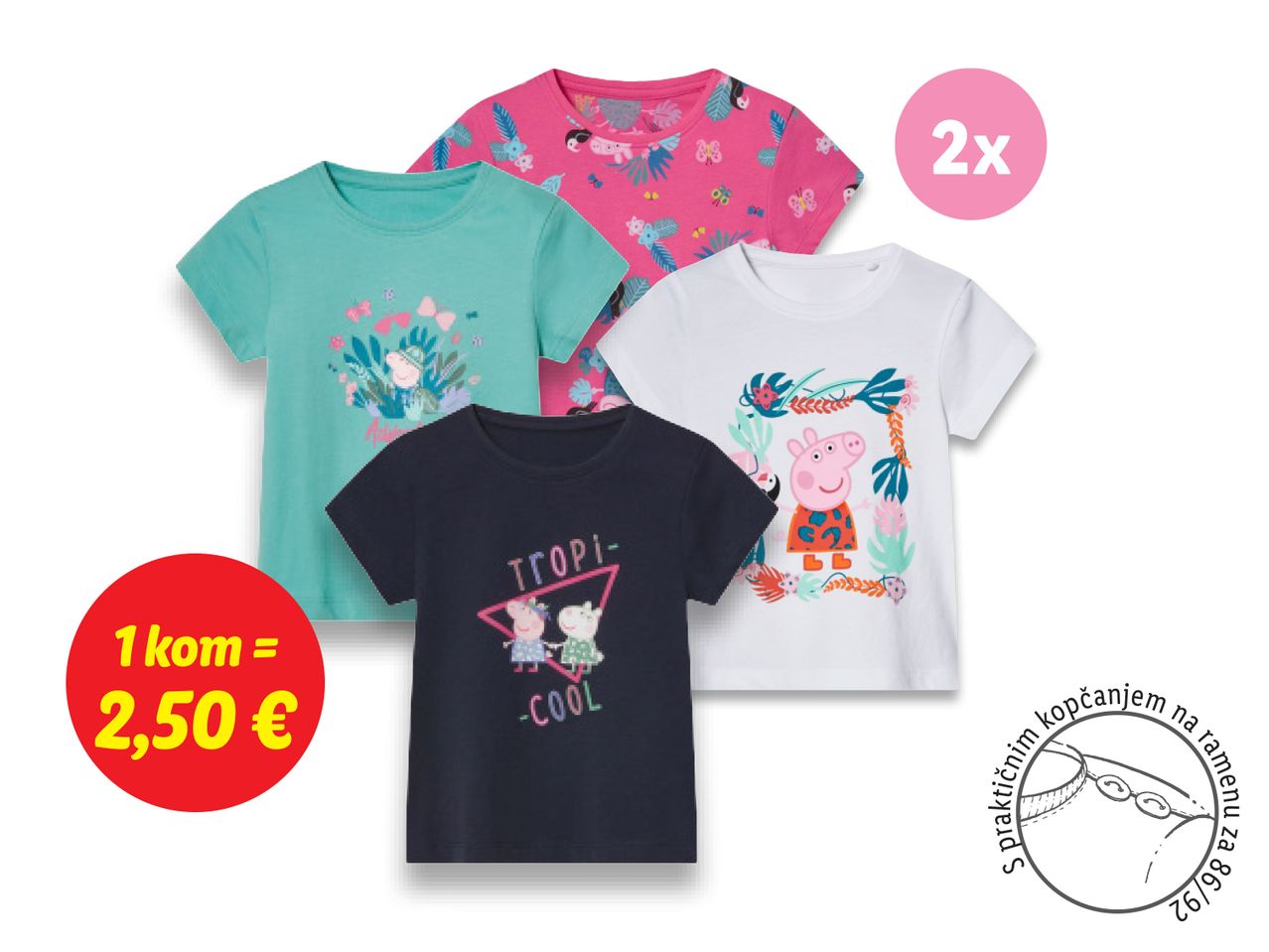 Četiri Peppa Pig majice kratkih rukava za djevojčice, 2 paketa po 2,50€.