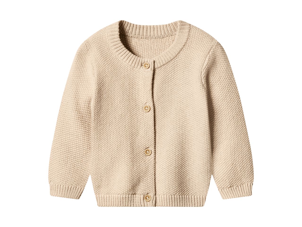 Beige knitted baby cardigan with round neck and wooden buttons.