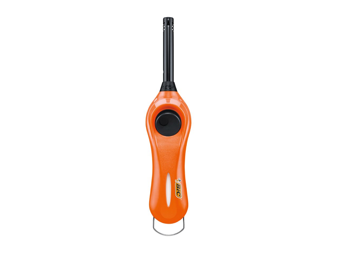 Orange gas lighter with a black igniter button and a long black nozzle.
