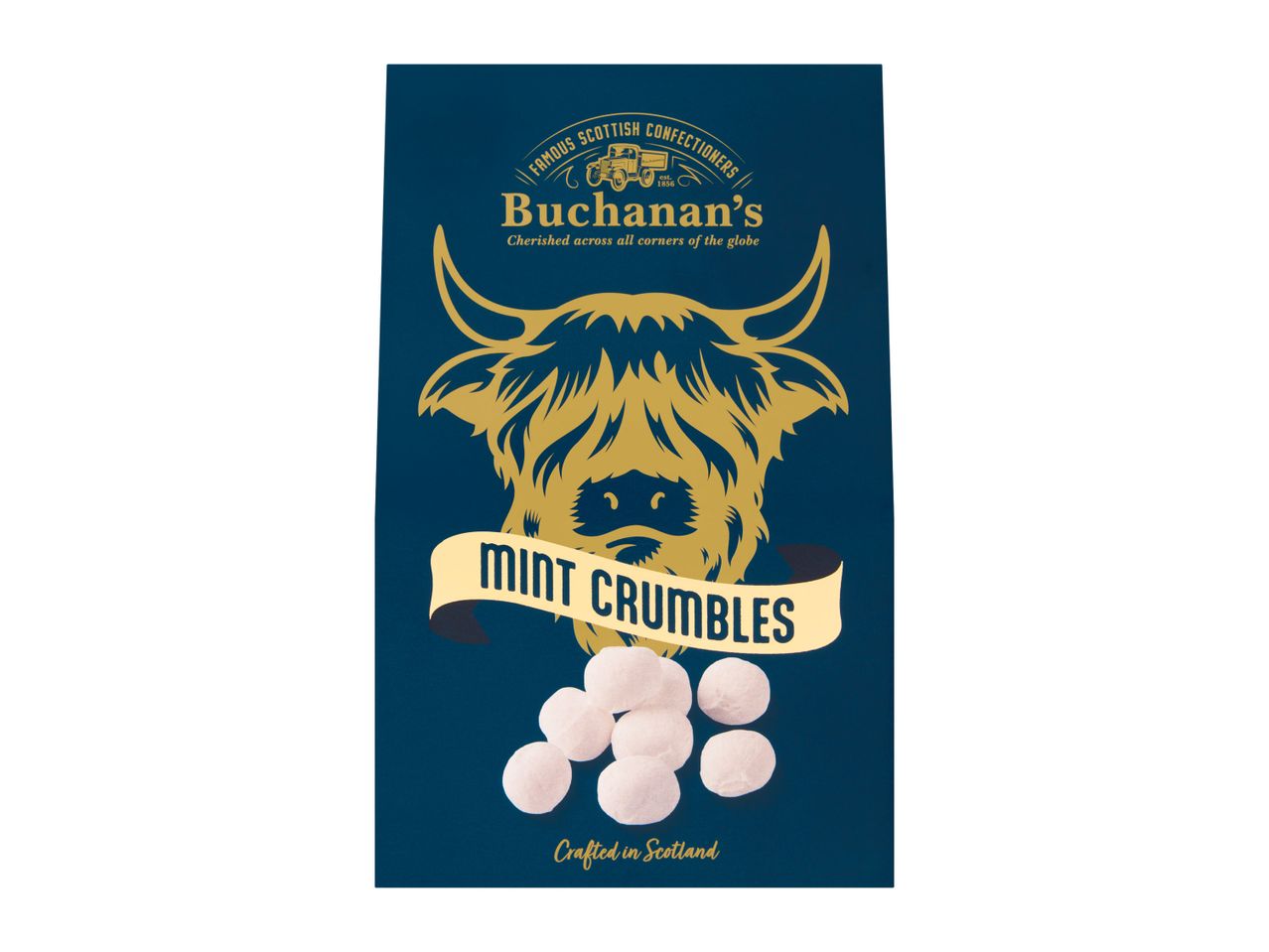 Buchanan's Mint Crumbles packaging featuring a Highland cow and the brand's logo.