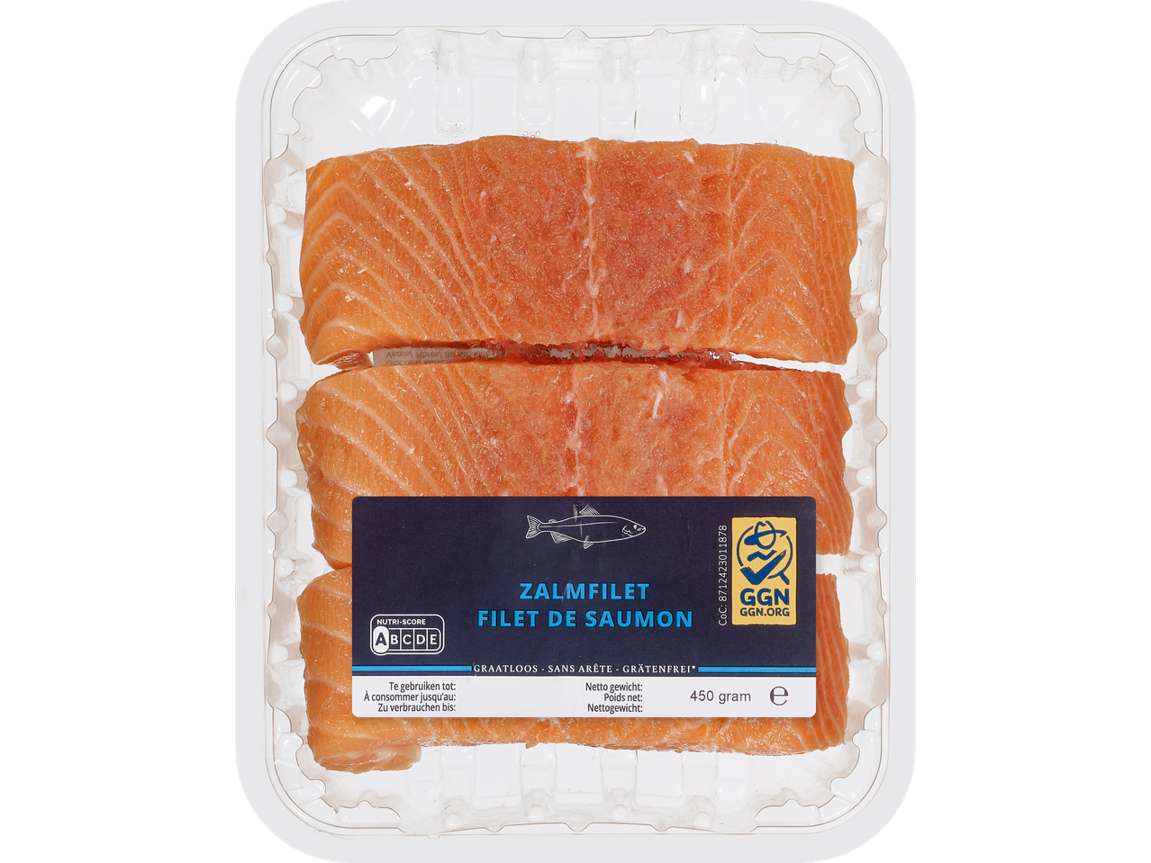 Deux filets de saumon dans une barquette en plastique transparent avec une étiquette GGN.