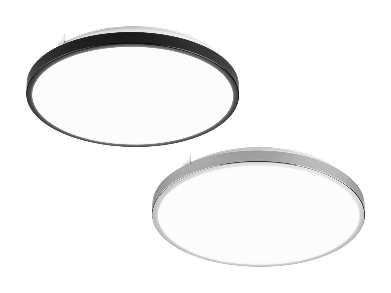 Zwei runde LED-Deckenleuchten, eine in Schwarz und eine in Silber.