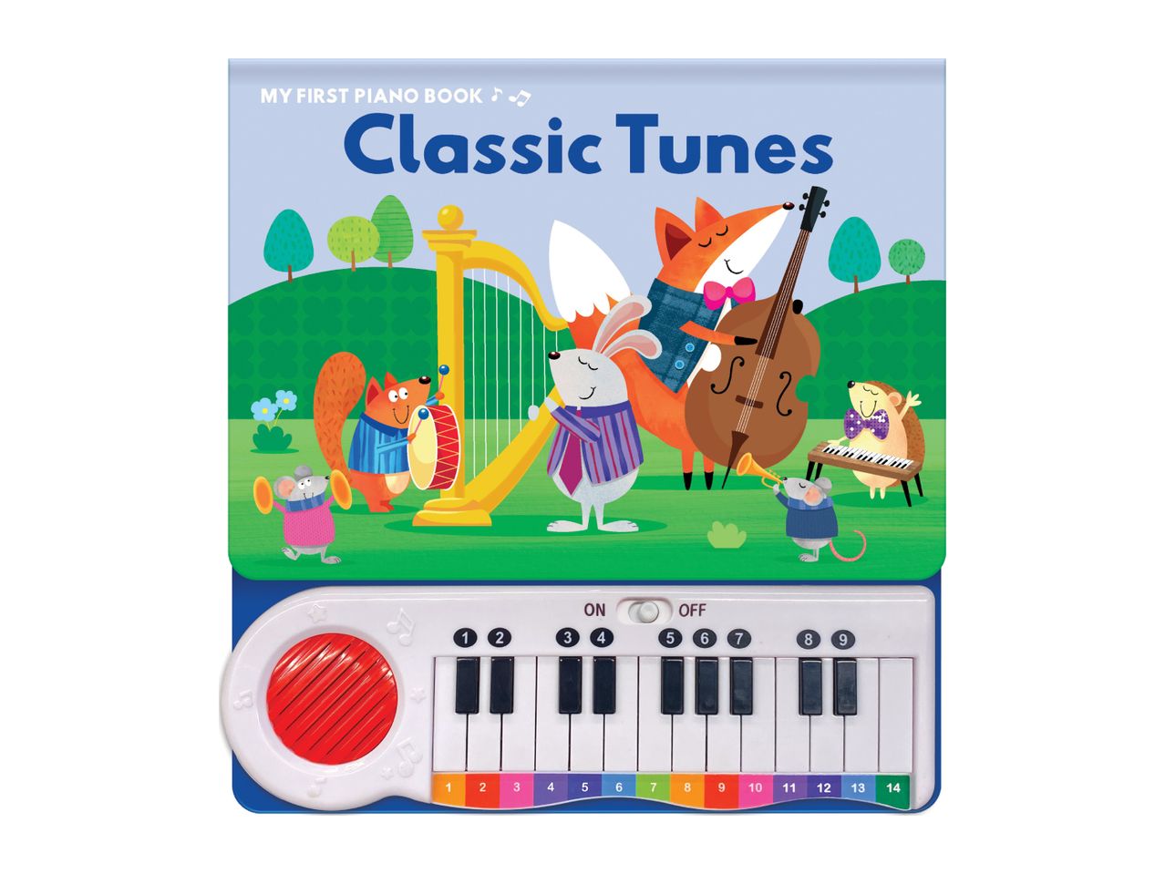 A children's book with a built-in toy piano plays classic tunes.