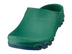Green garden clog with a blue sole, viewed from the side.