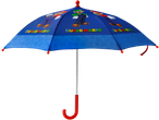 Super Mario paraplu met Mario en Luigi figuren en game-iconen op een blauwe achtergrond.