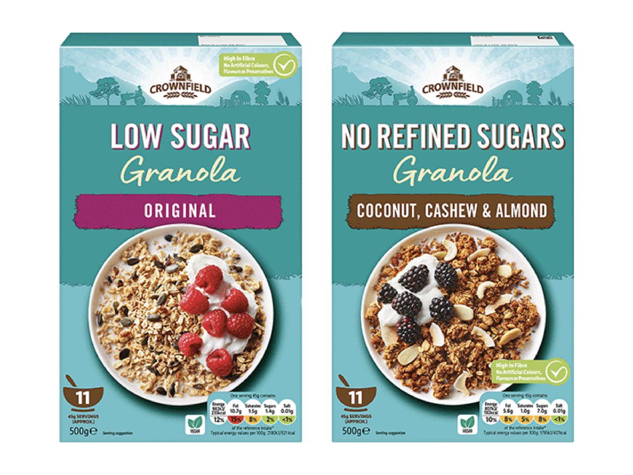 Two Crownfield granola boxes: Low Sugar Original and No Refined Sugars Coconut, Cashew & Almond.