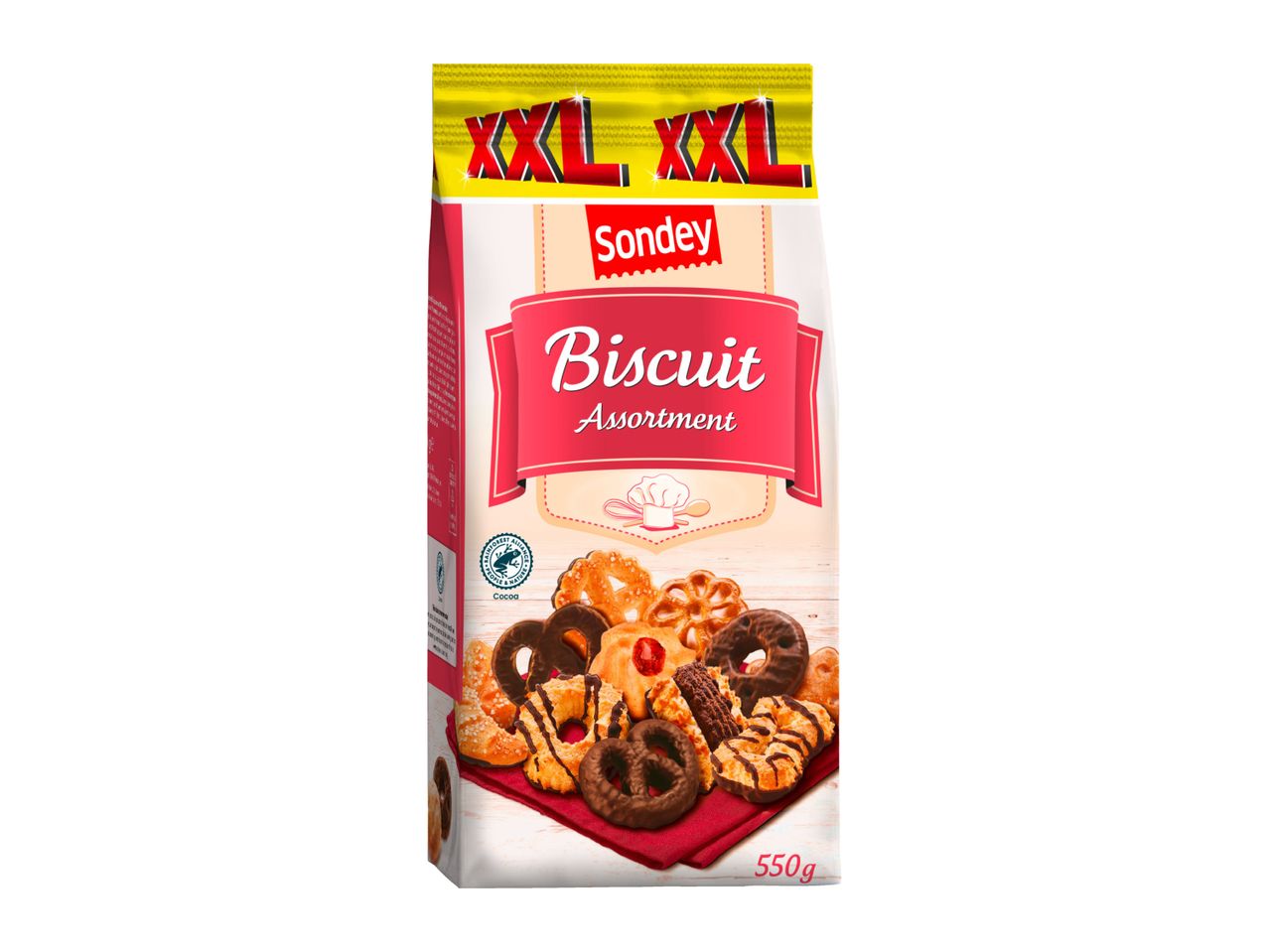 Sondey XXL Biscuit Assortment, 550g, with various chocolate and plain cookies.