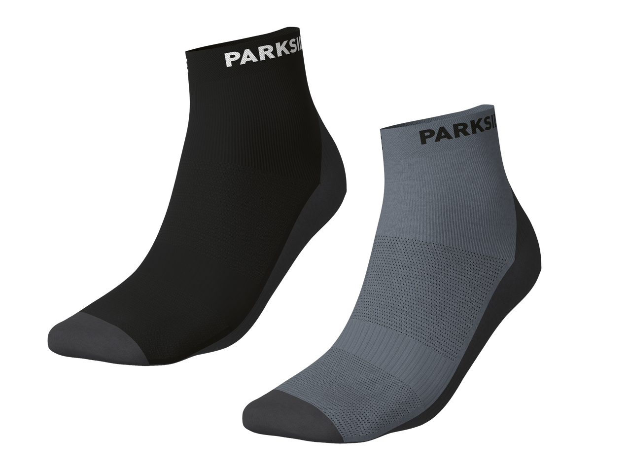 Dva para sportskih čarapa, jedan crni i jedan sivi, s natpisom na rubu.