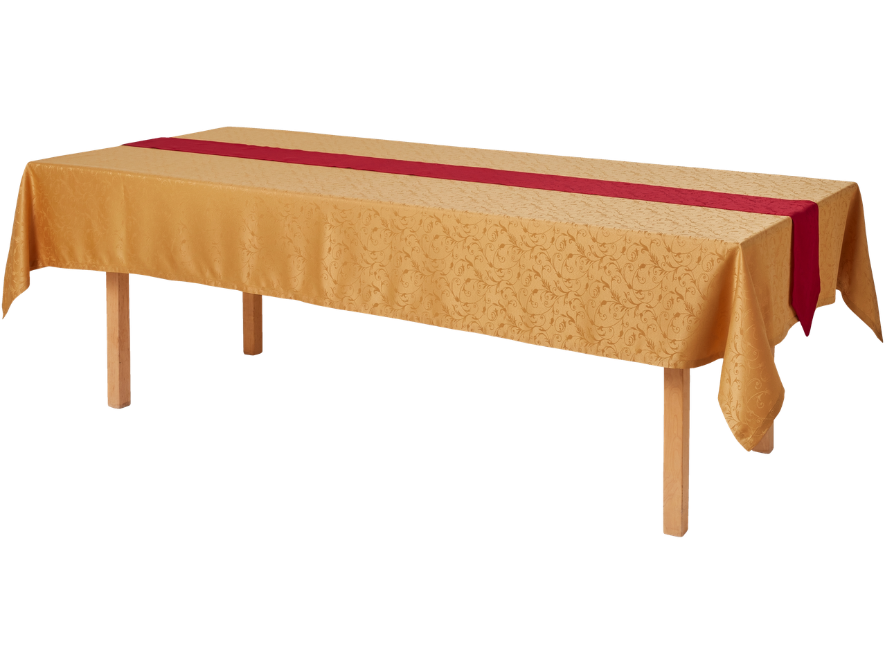 LIVARNO home laudlinade komplekt: Kuldkollane laudlina punase lauajooksjaga laual.