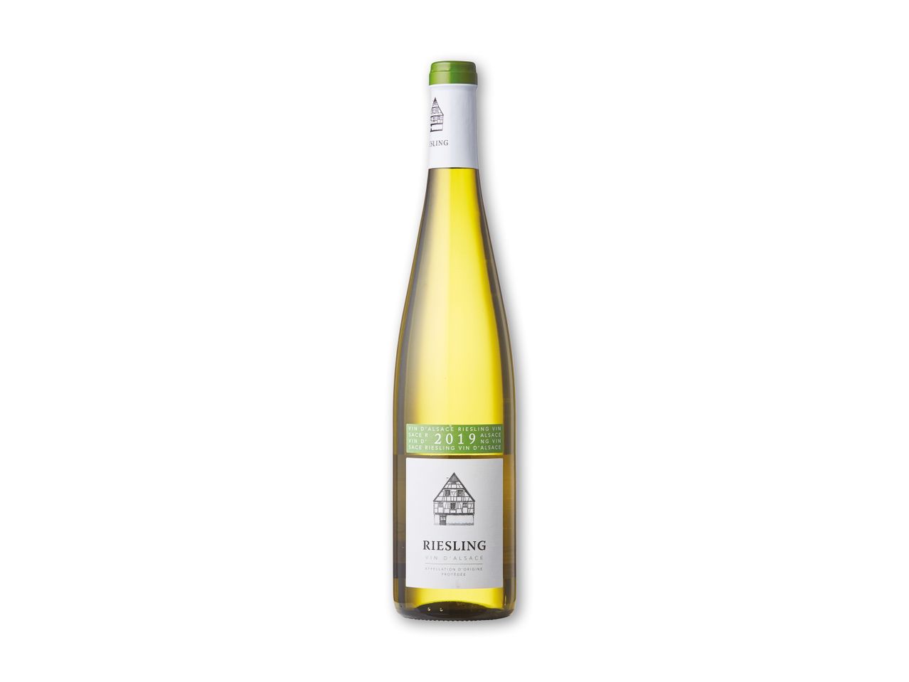 En flaske Riesling hvidvin fra Alsace, årgang 2019.