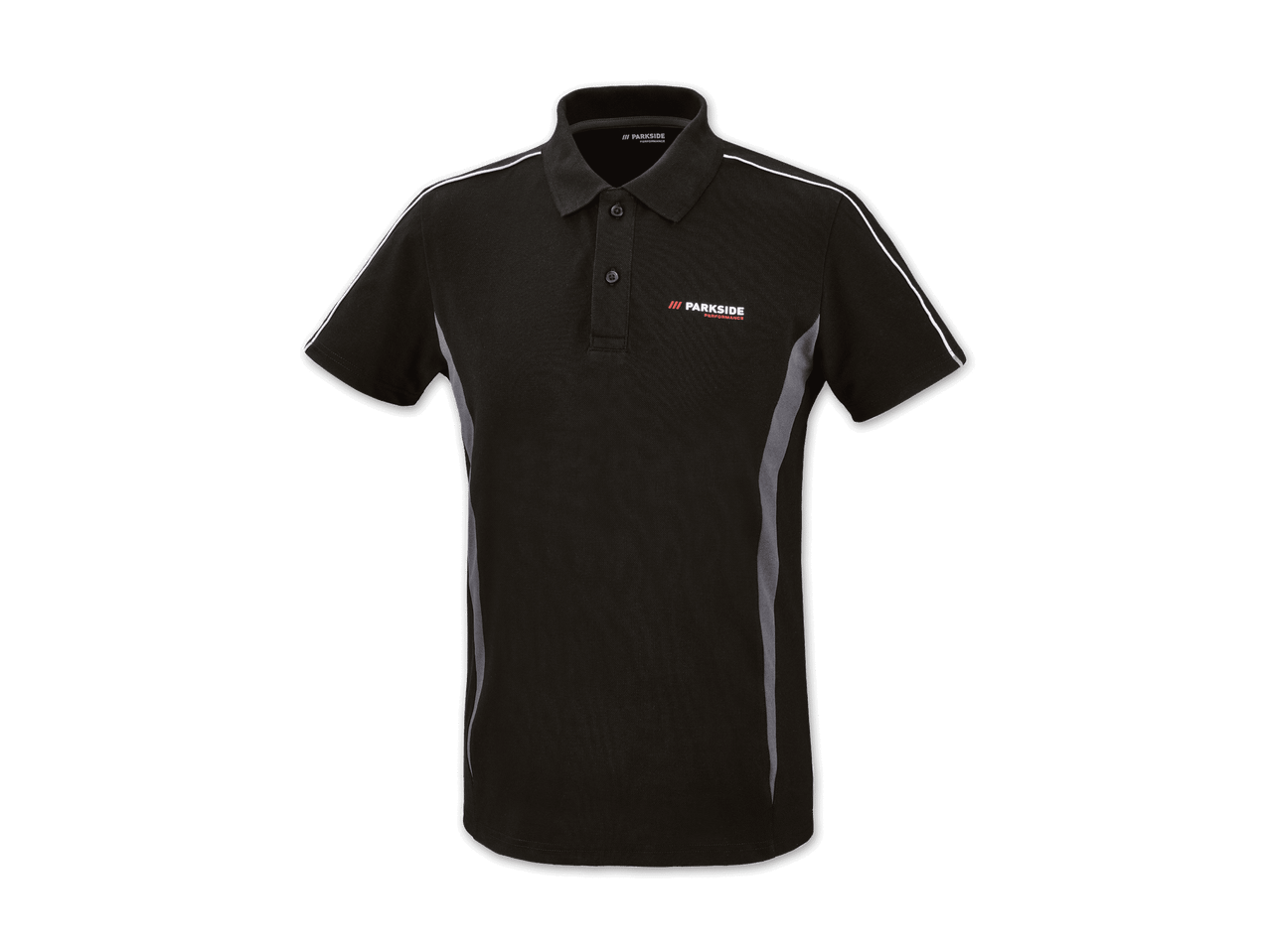 Schwarzes Poloshirt mit seitlichen Streifen und kleinem Markenlogo.