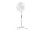 White pedestal fan with a round head and a cross-shaped base.