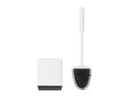 A white toilet brush and holder set with a black brush head.