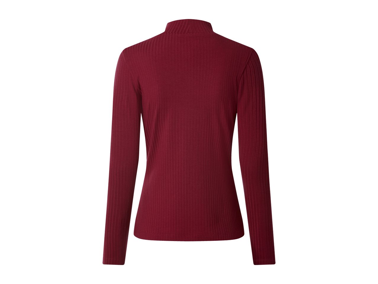 Back view of a women's long-sleeved ribbed mock neck top in a deep red color.