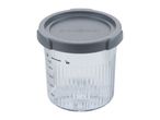 Clear plastic food container with a grey lid, featuring measurement markings and lock/unlock symbols.